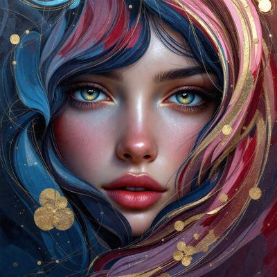 The primary subject of the image is a woman with blue and red hair, who is looking at the camera. She has a pink nose and is wearing makeup. The setting is a colorful and artistic background, which adds to the overall visual style of the image. The colors and mood of the image are vibrant and lively, with a focus on the woman's striking appearance.